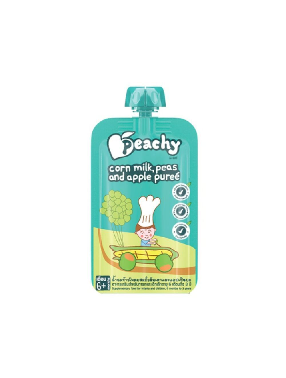 Peachy อาหารเสริมสำหรับเด็ก ผลิตจากวัตถุดิบธรรมชาติ อร่อย มีประโยชน์ ขนาด  110 กรัม (เหมาะสำหรับน้อง 6M+) ข้าวโพดถั่วลันเตาแอปเปิ้ล