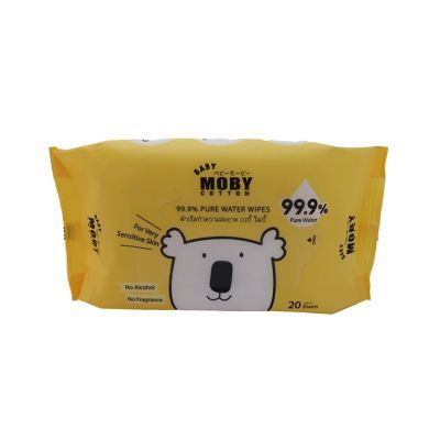 Moby Pure Water Wipe ทิชชู่เปียกสูตรน้ำ 99.9% แผ่นขนาดใหญ่ นุ่มและหนา สำหรับผิวบอบบางเป็นพิเศษ 1ห่อ 20แผ่น แพ็ค6ห่อ